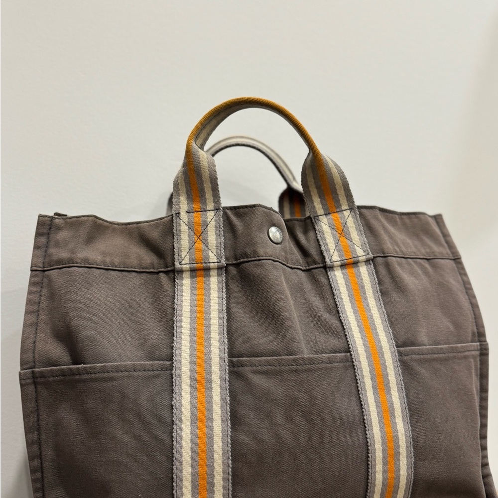Hermes Brown Canvas Tote Bag with Orange Stripes